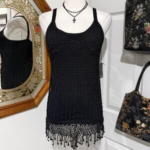 NWT Y2K Dolce Cabo Black Floral Crochet Dark Feminine Tassel Fringe Cami Top